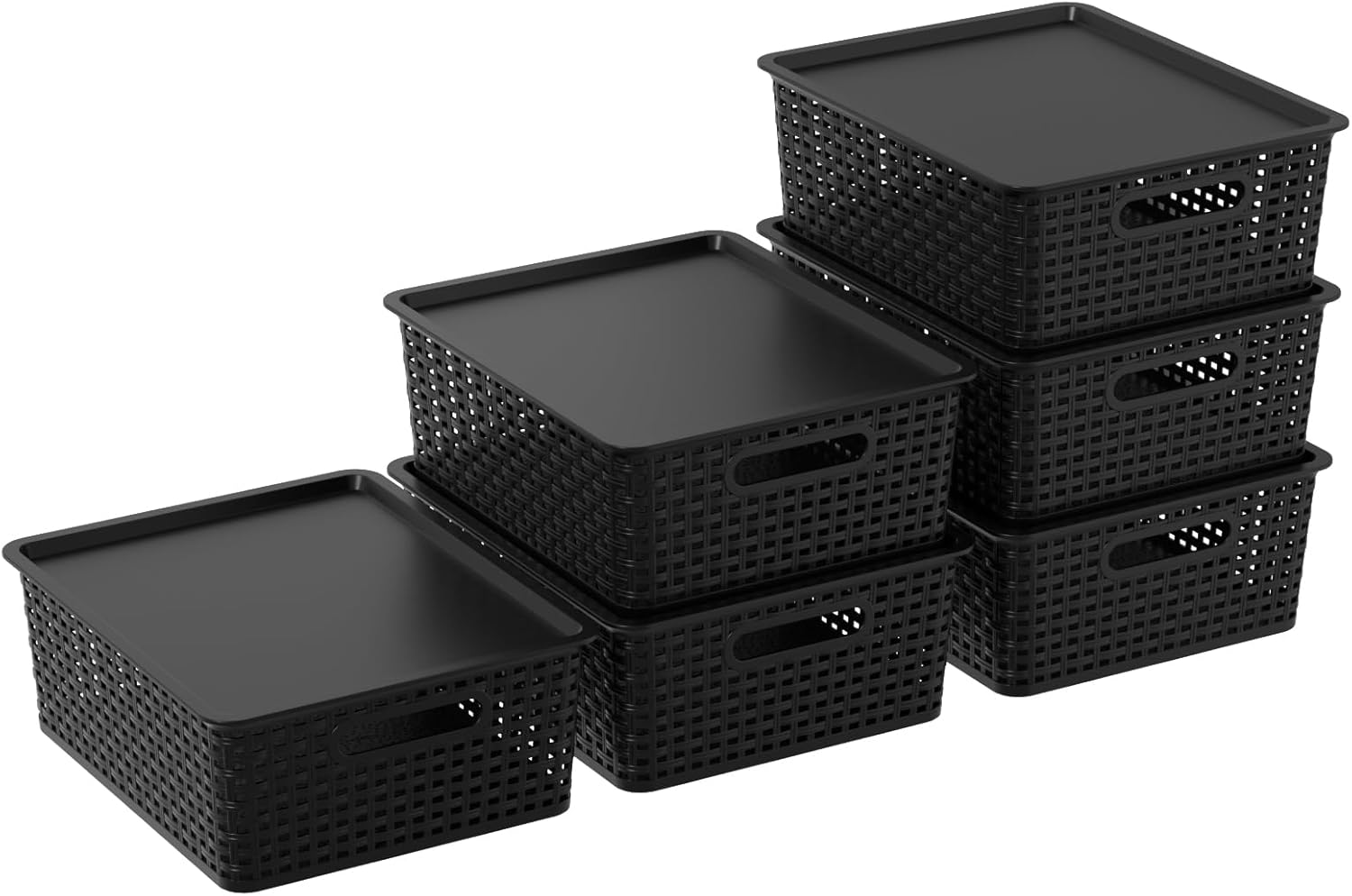 Yuright Plastic Lidded Storage Baskets, Black Organizer Basket Set, 6 Pack
