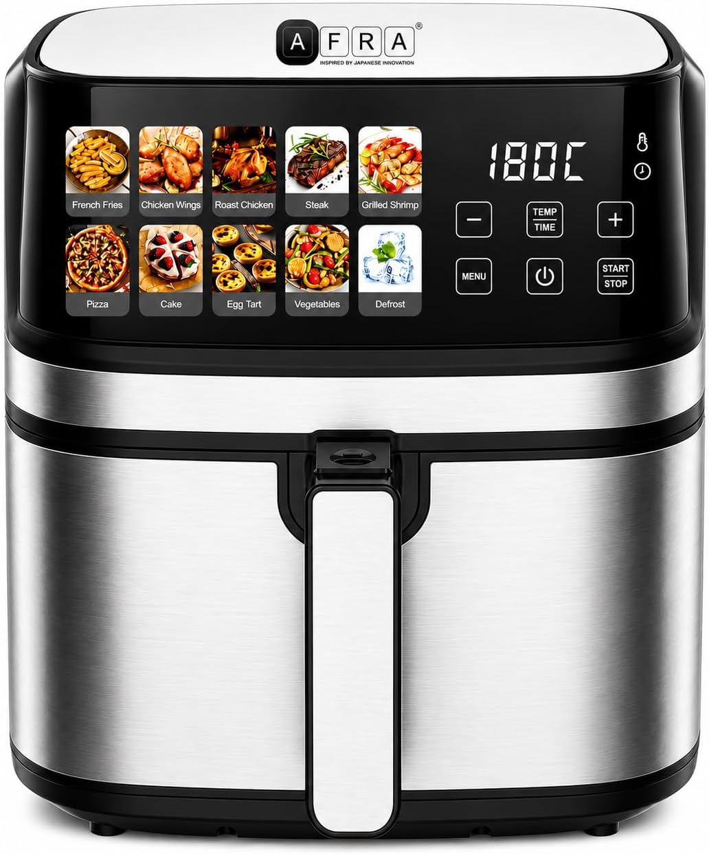 AFRA 8L Digital Air Fryer 1700W, Large Family Air Fryer with 10 Presets, Metal Inner Cavity, Adjustable 80–200°C Temperature, Non-Stick Basket, Auto Shut-Off, Black & Silver