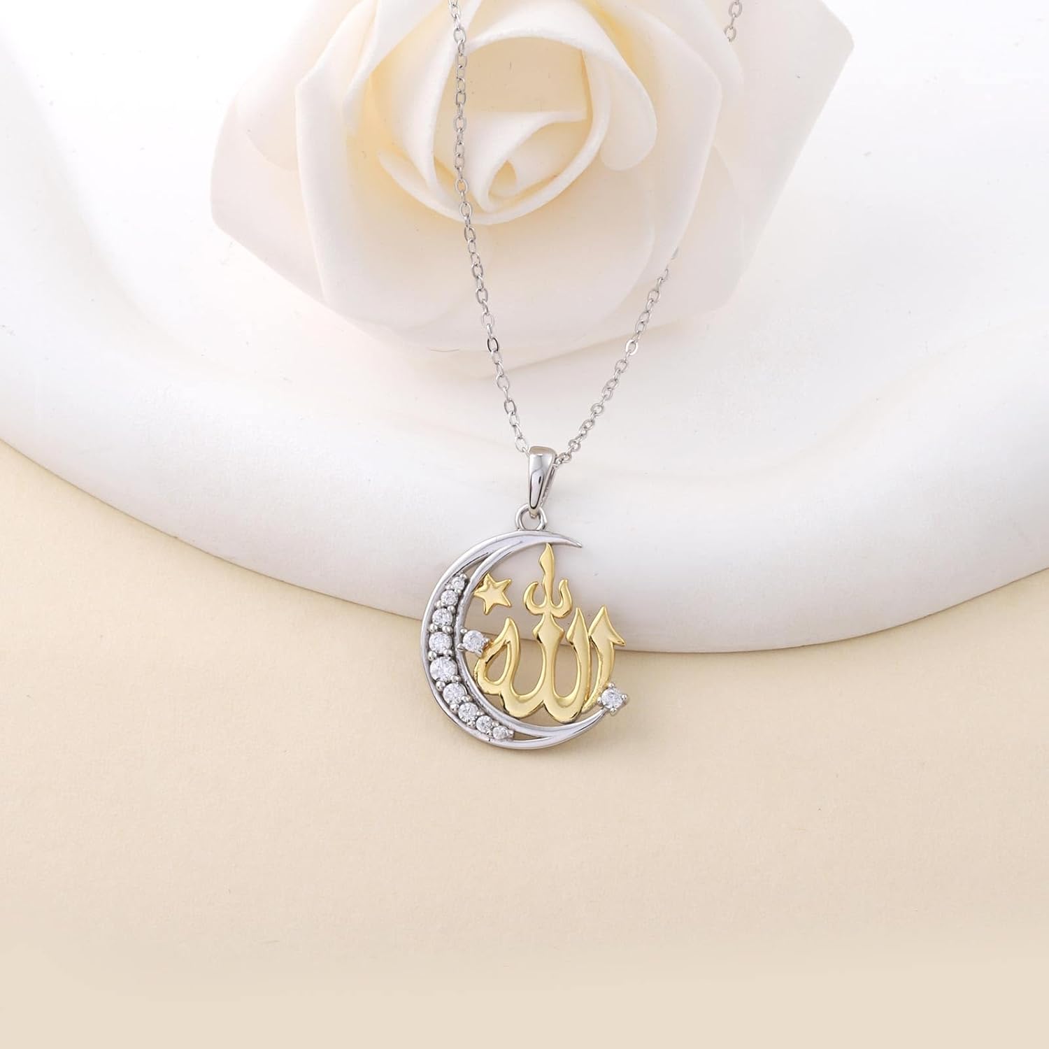 Allah Islamic Necklace for Women - 925 Sterling Silver Islamic Muslim Religious Faith Pendant Necklace Arabic Moon Jewelry Eid Ramadan Gifts - Image 3