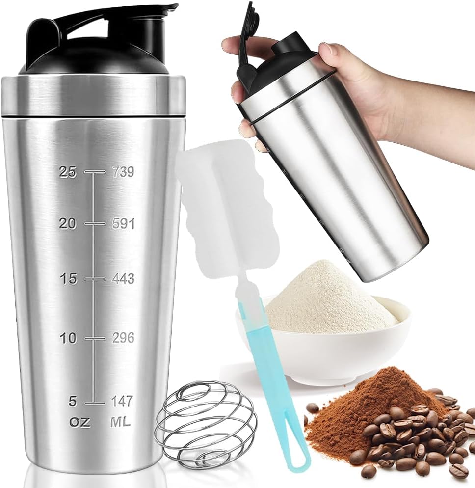 Shaker Protein Metal Bottle 750ml, Stainless Steel Shake Powder Leakproof Gym Cup with Mix Ball, Shakes Mixer Blender with Lid Sport Fitness Workout Storage for Supplement, BPA Free