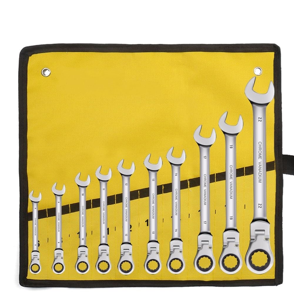 Clé à cliquet à anneau denté 10 pièces avec tête flexible 6mm à 22mm