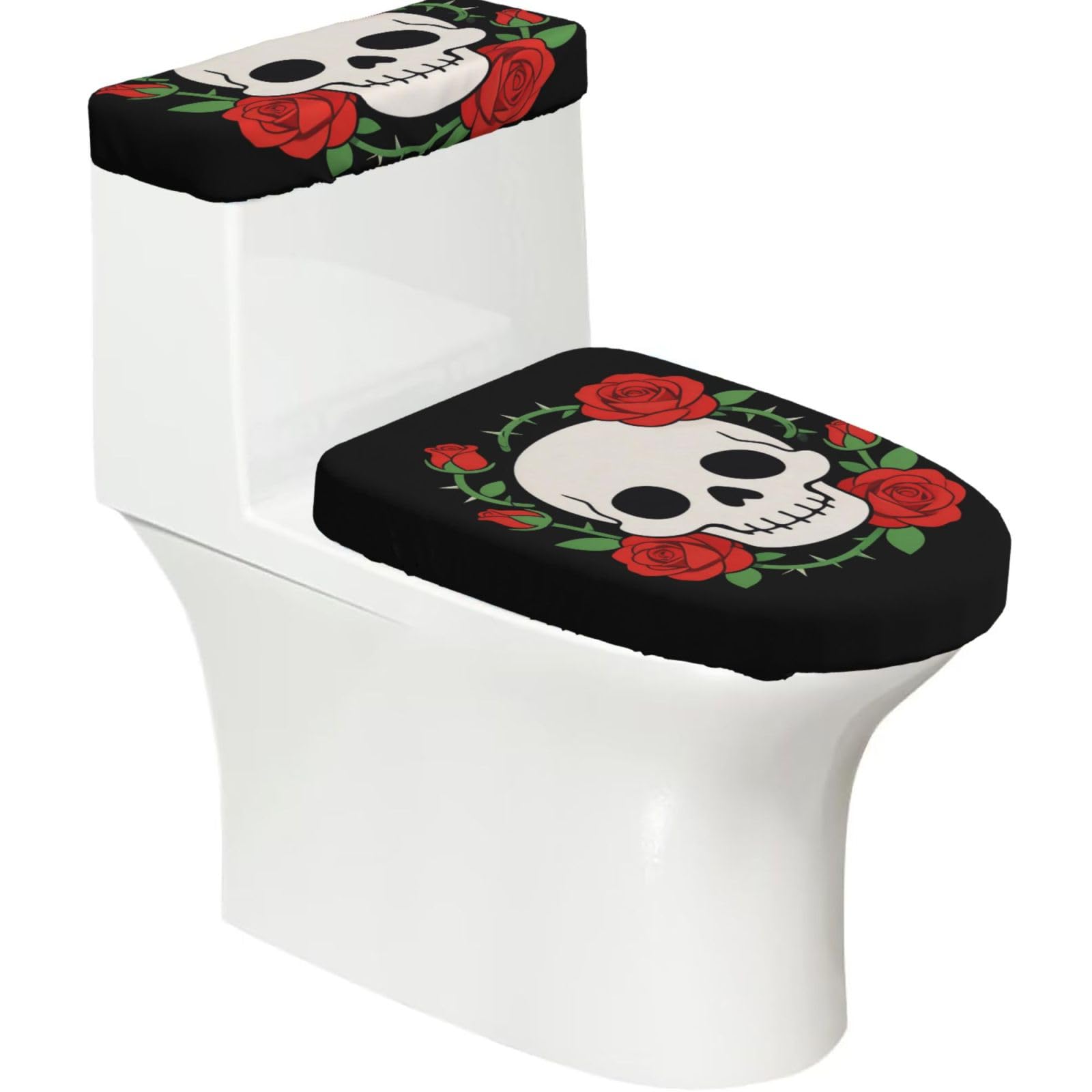 Skull Rose Elastic Toilet Cover Set of 2-Stretchy Lid and Tank Covers for Bathroom, Soft Washable U Shape Toilet Decor