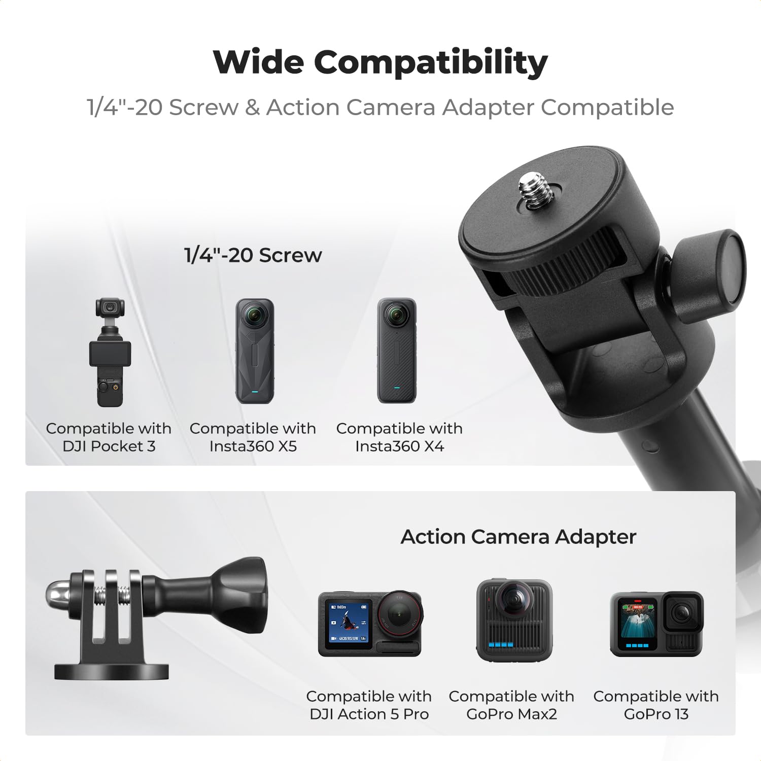 Trépied Smartphone MS27 175cm, Perche a Selfie avec Télécommande, 2 in 1 Trépied pour Appareil Photo et Caméras de Sport avec vis 1/4", pour DJI Osmo Pocket 3, Pocket 4, insta360 X5 X4, GoPro