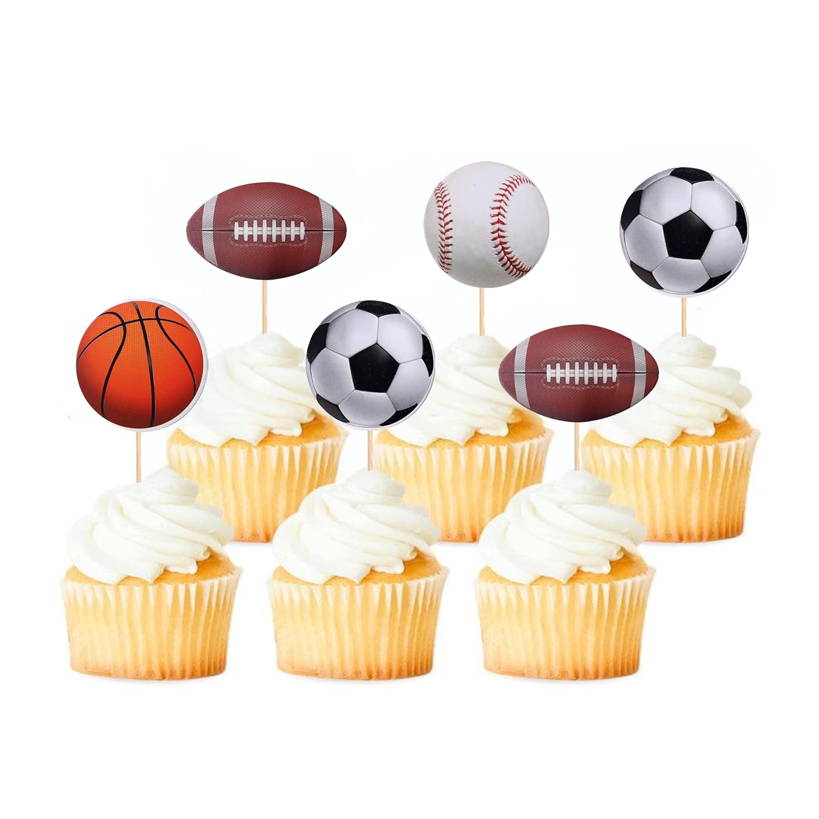 36Pcs Sports Cupcake Toppers Basketball Football Rugby Ball Baseball Cupcake Toppers Decorations for Balls Sports Theme Party Birthday Party Baby Shower Supplies