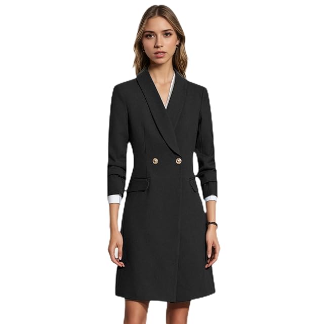 Womens Double Breasted Blazer Fall Notch Lapel A-Line Jacket Mid-Length Grain Textured Blazer with Pockets