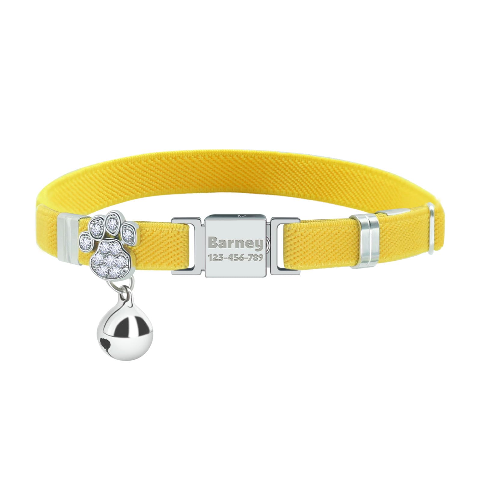 Personalized Safety Elastic Cat Collars with Bell,Laser Customized Stretch Kitten Collars for Girls Boys Cats-Yellow