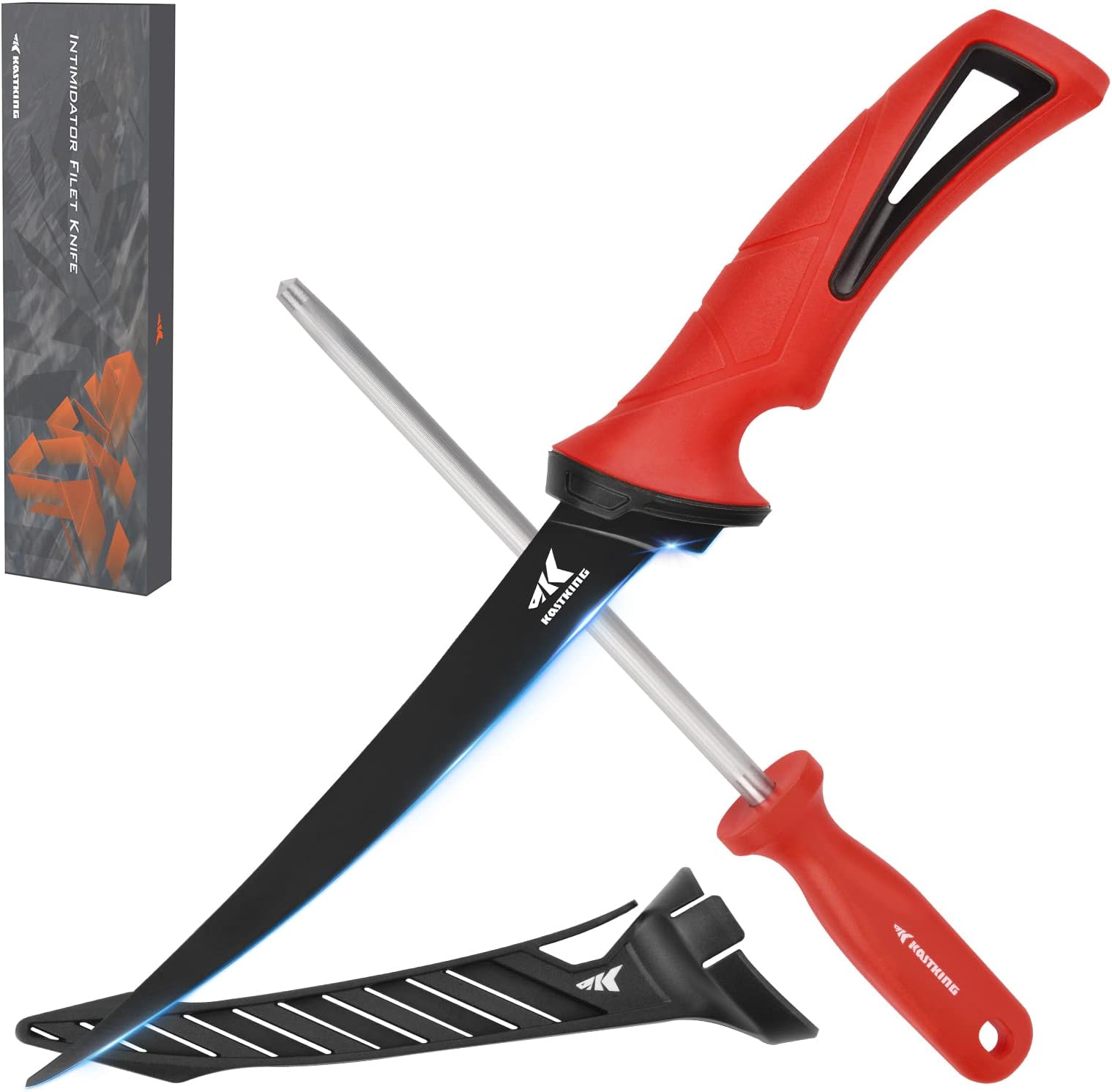 Intimidator Fillet Knife with Sharpening Steel, Ultra-Sharp G4116 German Stainless-Steel Blades, Non-Slip Handle, Protective Sheath, 7'' Fillet Knife and Honing Rod