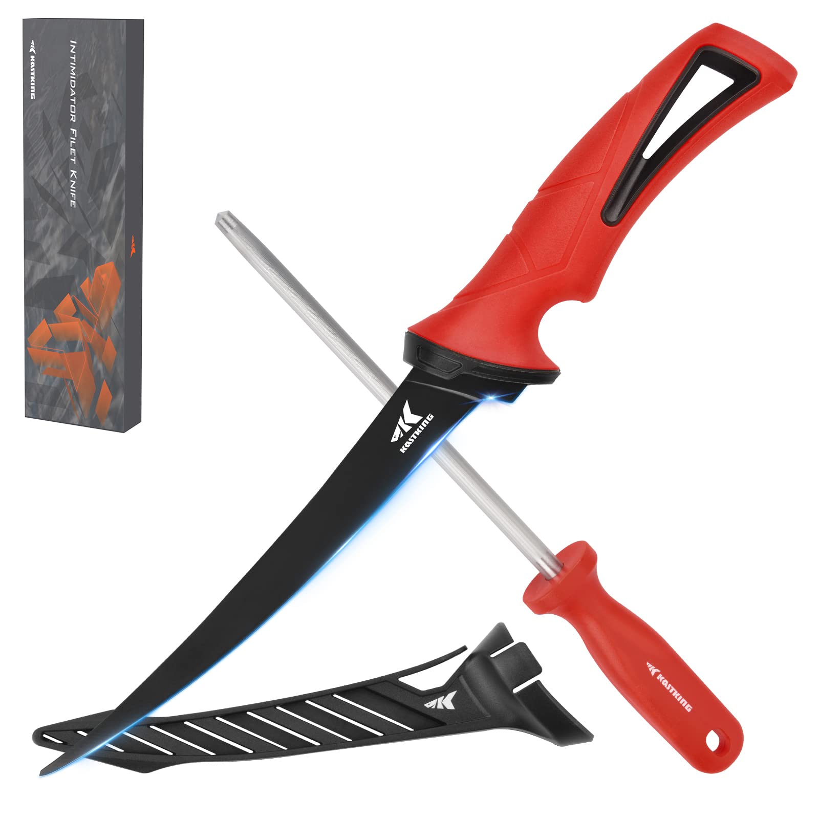 KastKing Intimidator Fillet Knife with Sharpening Steel, Ultra-Sharp G4116 German Stainless-Steel Blades, Non-Slip Handle, Protective Sheath, 7'' Fillet Knife and Honing Rod