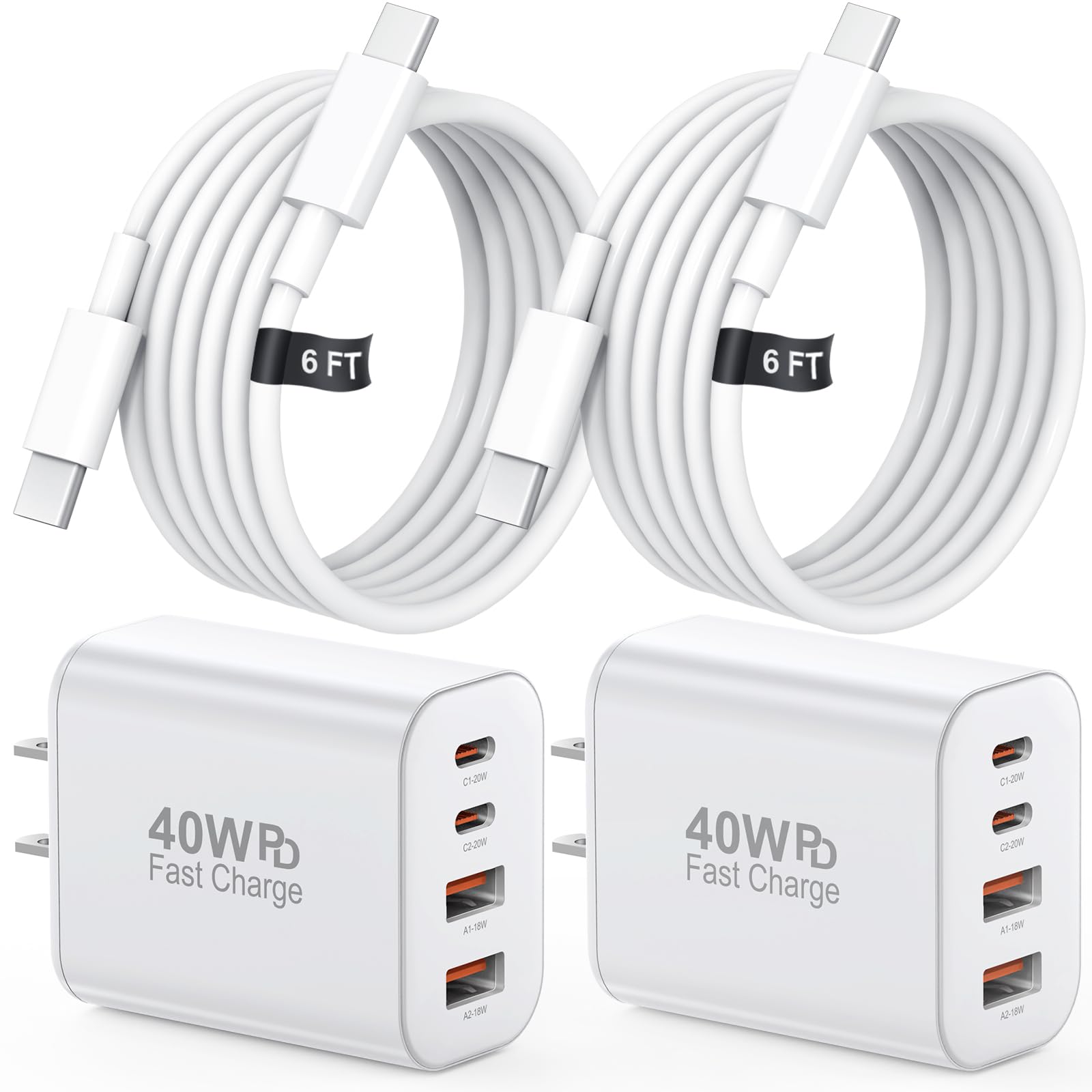 Blocco di ricarica USB C da 40 W, ricarica rapida per iPhone 17, 16, 15, confezione da 2, blocco di ricarica rapida a 4 porte con cavo di tipo C da 3 m, blocco di alimentazione multiporta per iPhone