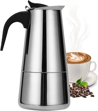 300ml6 Cup Moka Pot, Stainless Steel Induction Stovetop Espresso Maker, Kettle Stovetop Moka Espresso Maker with Ergonomic Insulated Handle for Office Home Coffee LoversSilver