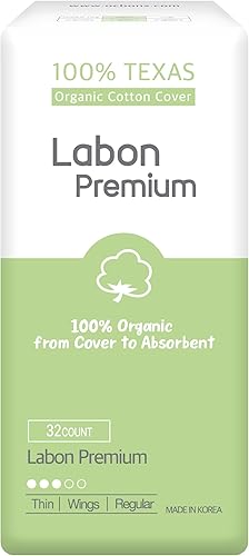 LABON - Almohadillas sanitarias orgánicas veganas de primera calidad (regular, 9.8 in, 32 unidades) Funda de algodón 100% orgánico, núcleo y alas