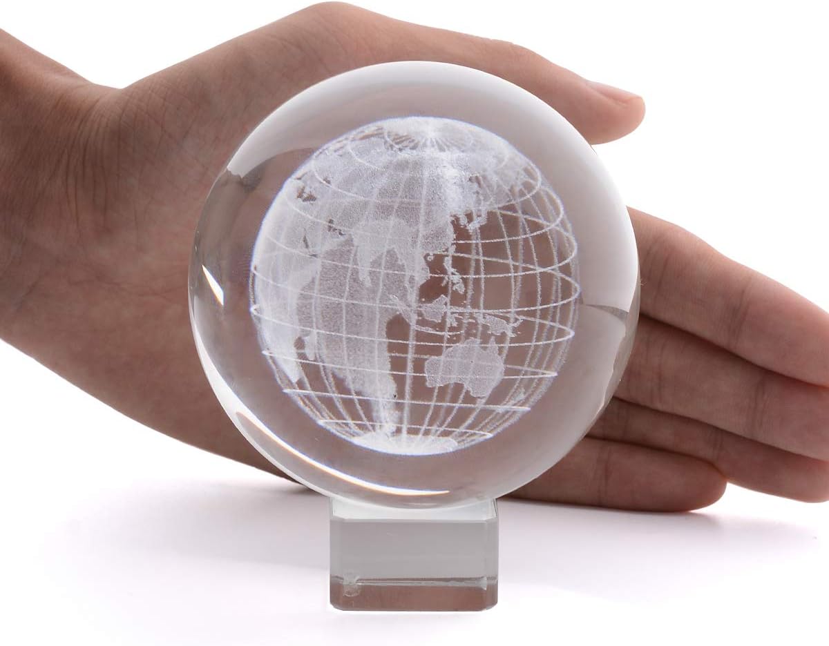LONGWIN 3D Crystal Globe Paperweight 3.1 Inch Laser Engraved Glass Sphere Display Meditation Ball Home Decor with Stand