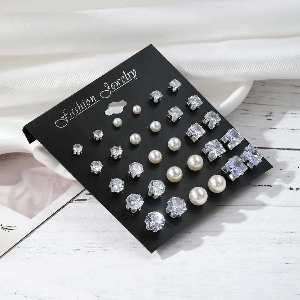 Juego de aretes tipo dormilona de plata para mujer, forma de lágrima triangular, cuadrados, redondos, con forma de lágrima, circonitas cúbicas transparentes, paquete de aretes de joyería de 9