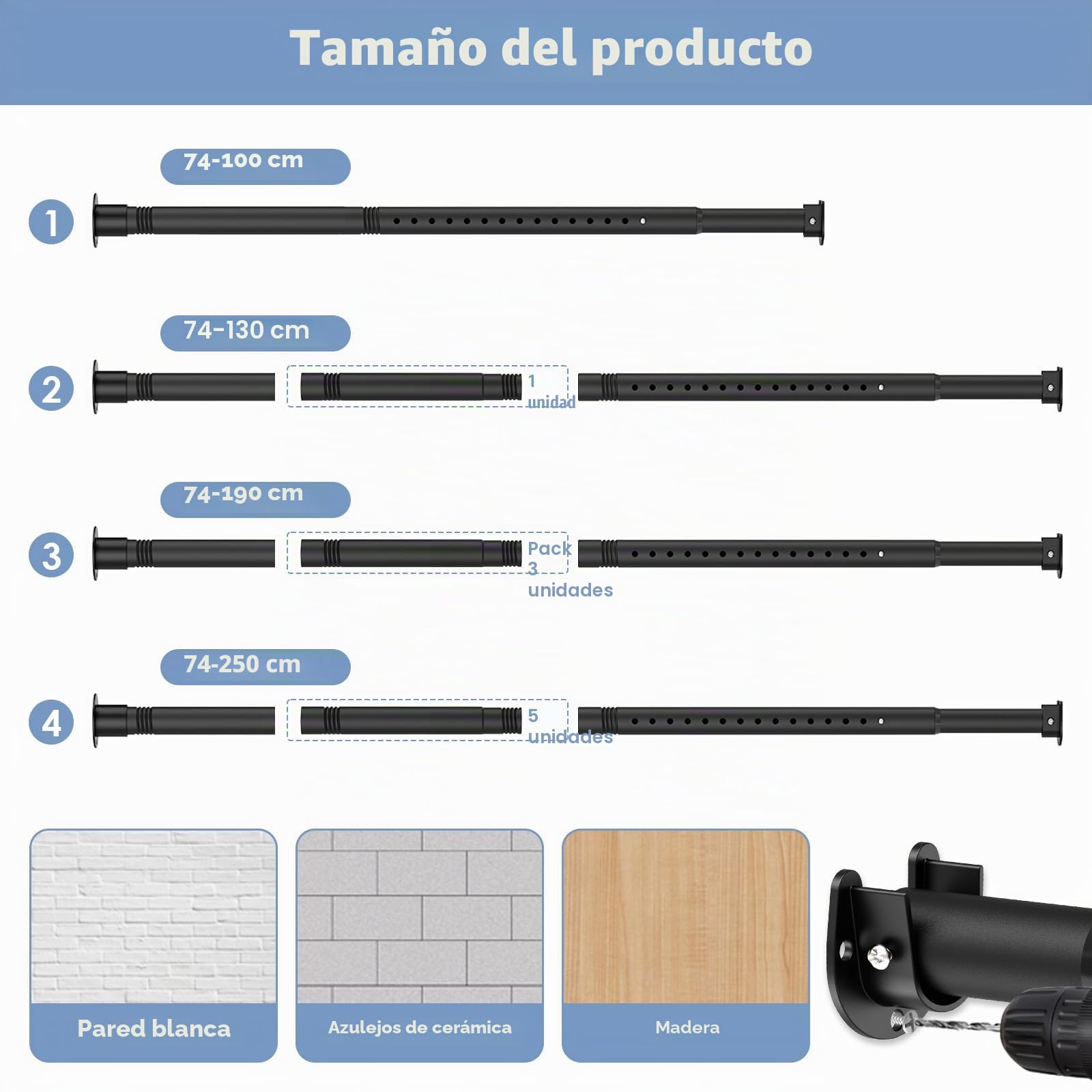 Barra de armario extensible negra, 74-130 cm, colgador resistente con extremos, diámetro 33 mm, adecuada para armarios, balcones, baños.