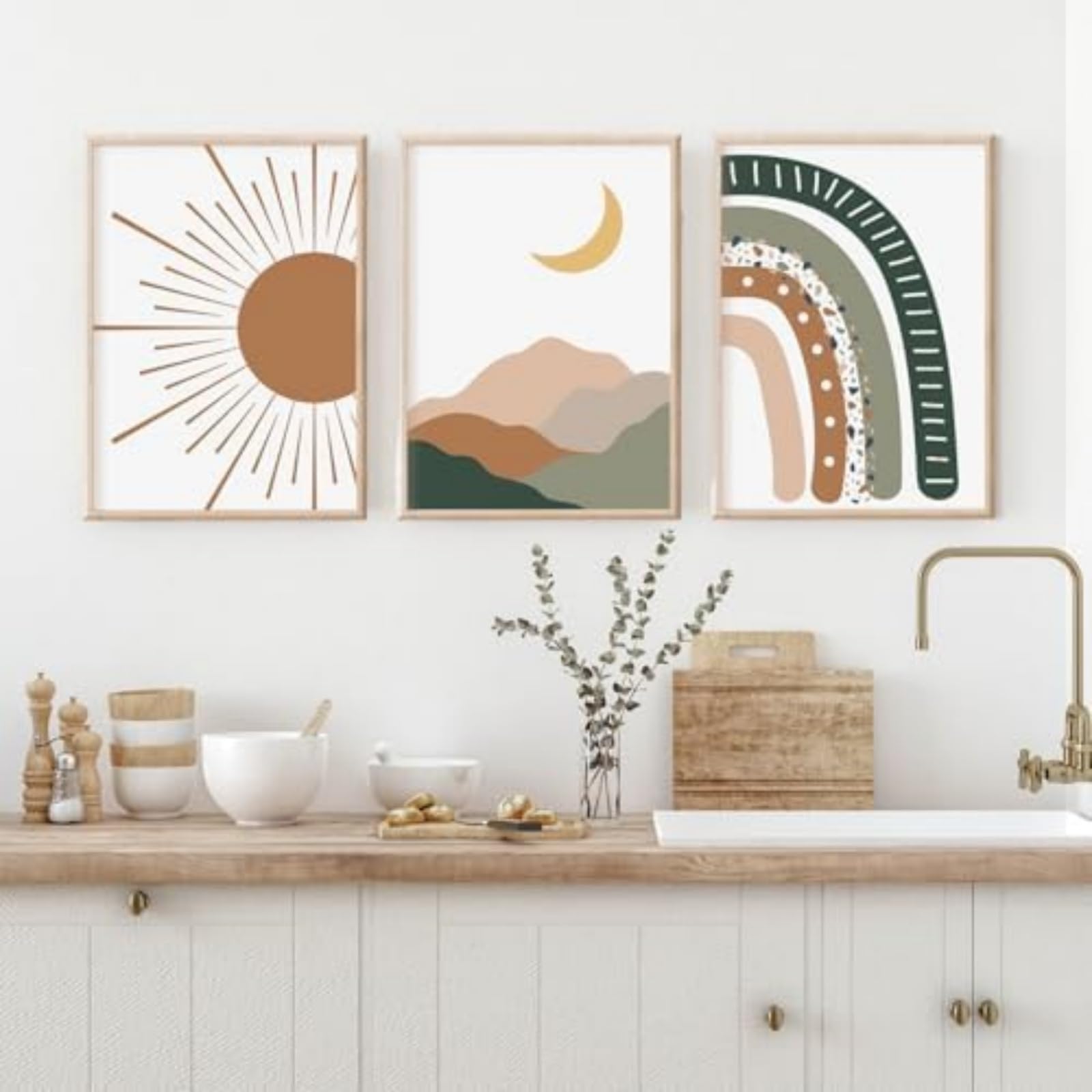 JORCEDI Rainbow Poster Set of 3, Sun Moon Wall Art for Baby Nursery Kids Room, Boho Decor, Modern Canvas Prints, 21x30-50x70cm, Unframed (40x50 cm,A)
