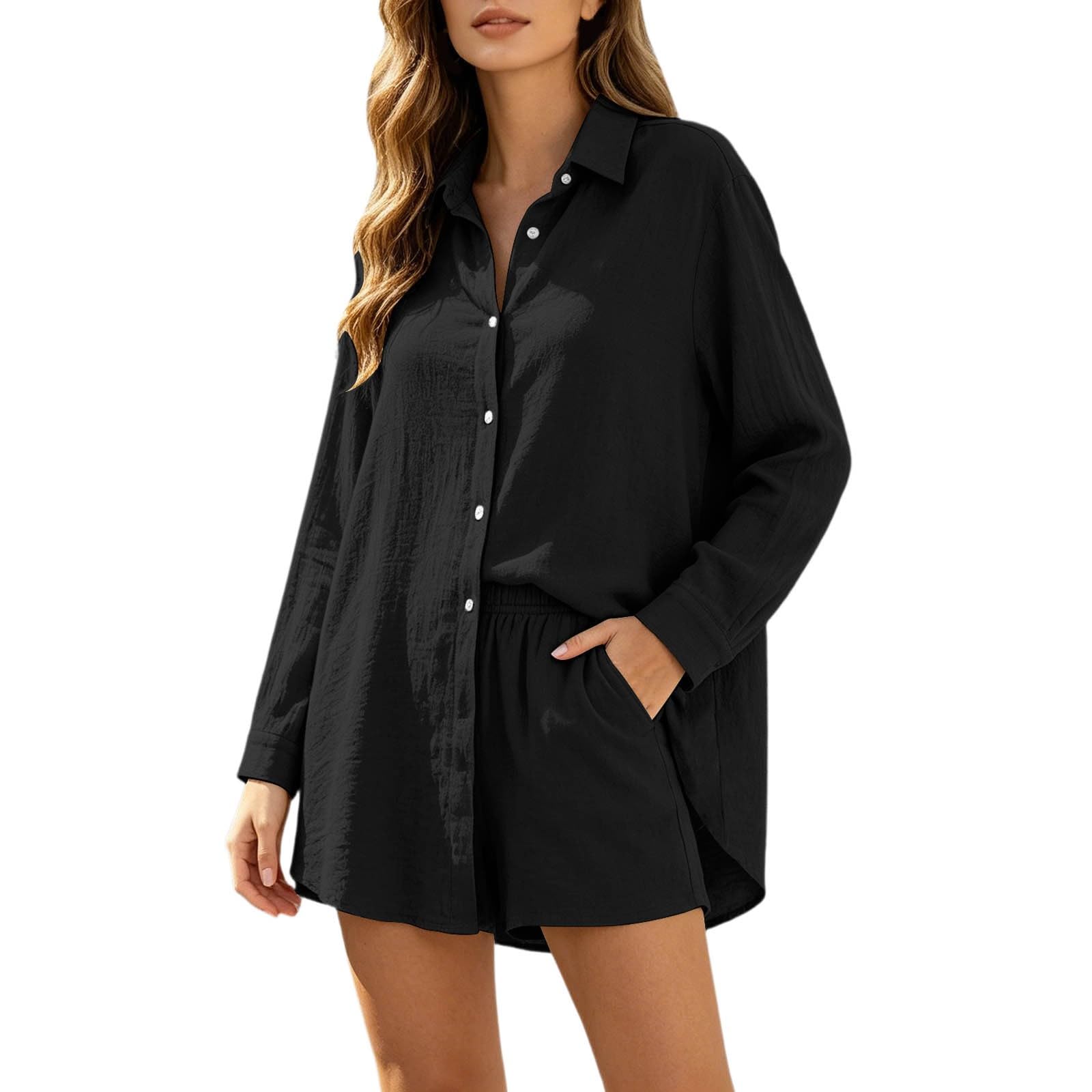 Generisch Catégorie de produit : short pour femme – Ensemble élégant de deux pièces avec chemise à manches courtes infroissable et short assorti, combinaison facile au quotidien pour le bureau et les