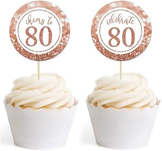 Andaz Press Glitzy Faux Rose Gold Glitter Round DIY Cupcake Toppers, Cheers to 80 Years, 80th Birthday or Anniversary, 20-Pack, Cake Dessert Party Decor