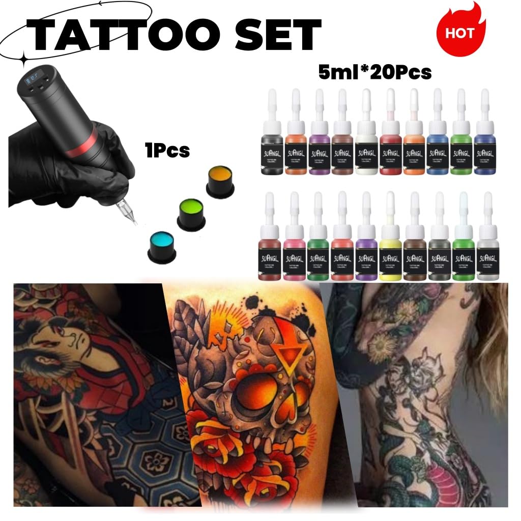 Wireless Tattoo Gun Kit, Rotary Tattoo Pen with 6h Battery Life, Digital Screen Display, Extra 20 Color Ink, Complete Tattoo Gun Kit for Beginners and Professionals (Black kits pro)