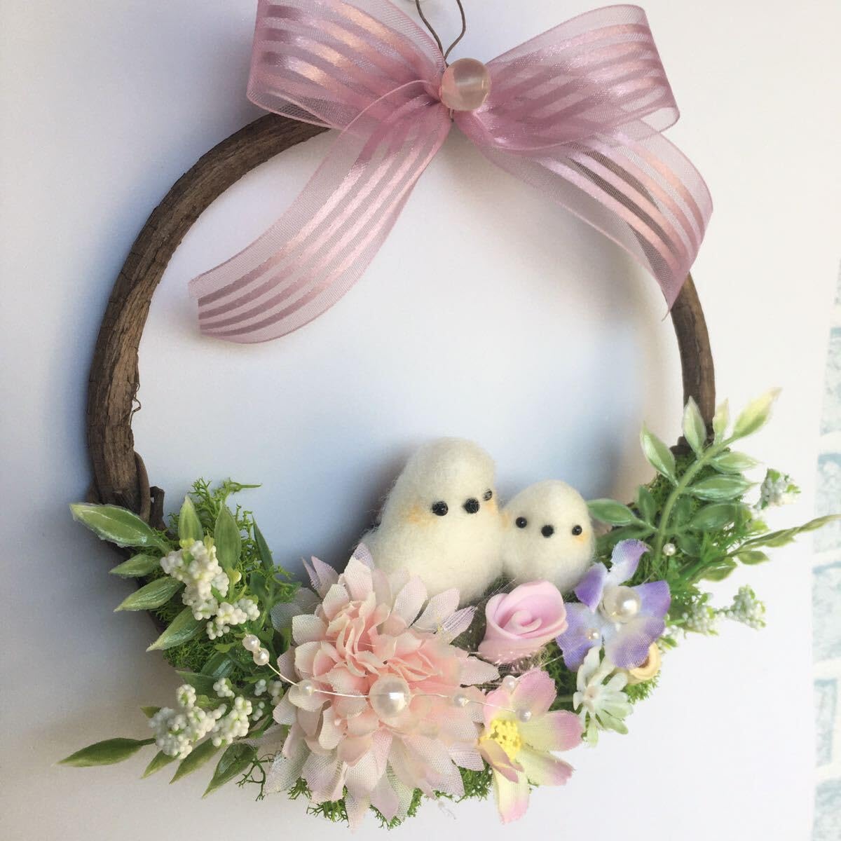 フラワーリース&羊毛フェルト文鳥さん