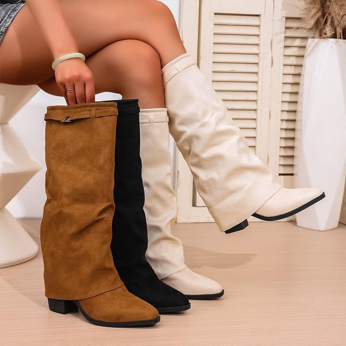 Fold Over Stivali Donna Invernali Cowboy Stivaletti con Tacco