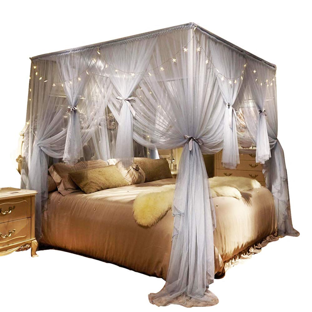 Nattey Gray Canopy Bed Curtains King Size - 4 Opening Mosquito Net Cozy Bed Drapes Bedroom Decoration