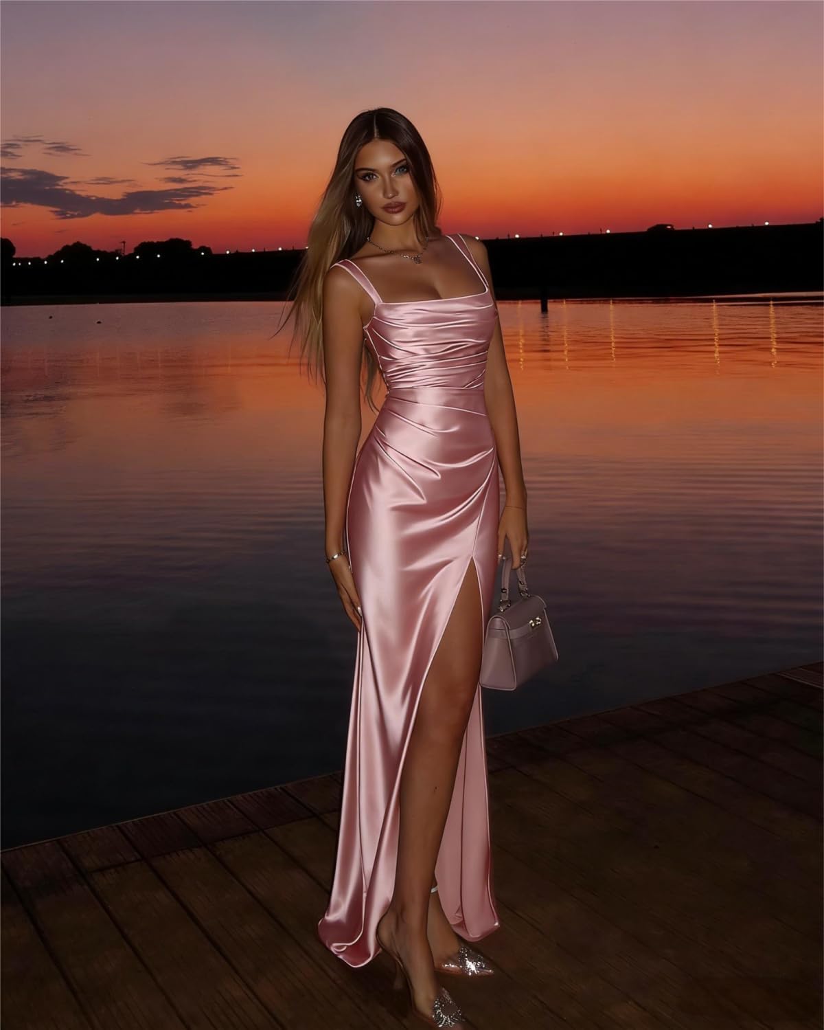 Women's Spaghetti Straps Satin Bridesmaid Dresses Long Pleated Formal Evening Dress AS061