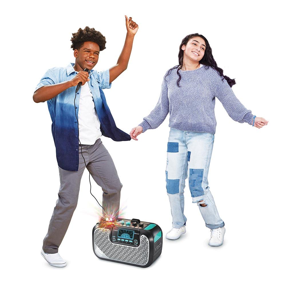 VTech - SuperSound Karaoke, Enceinte Karaoké Enfant avec Micro, Boule Disco Lumineuse Rotative, Bluetooth, Prise Jack pour Casque, Apprentissage du Chant, Cadeau Enfant Dès 5 Ans - Contenu en Français
