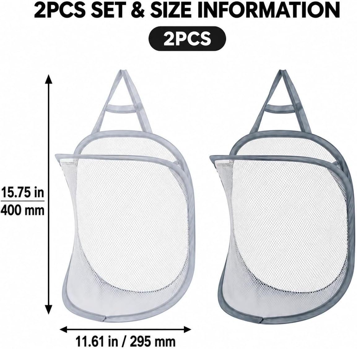 2 Pack Hanging Laundry Hamper, Mesh Basket for Small Spaces, White and Gray