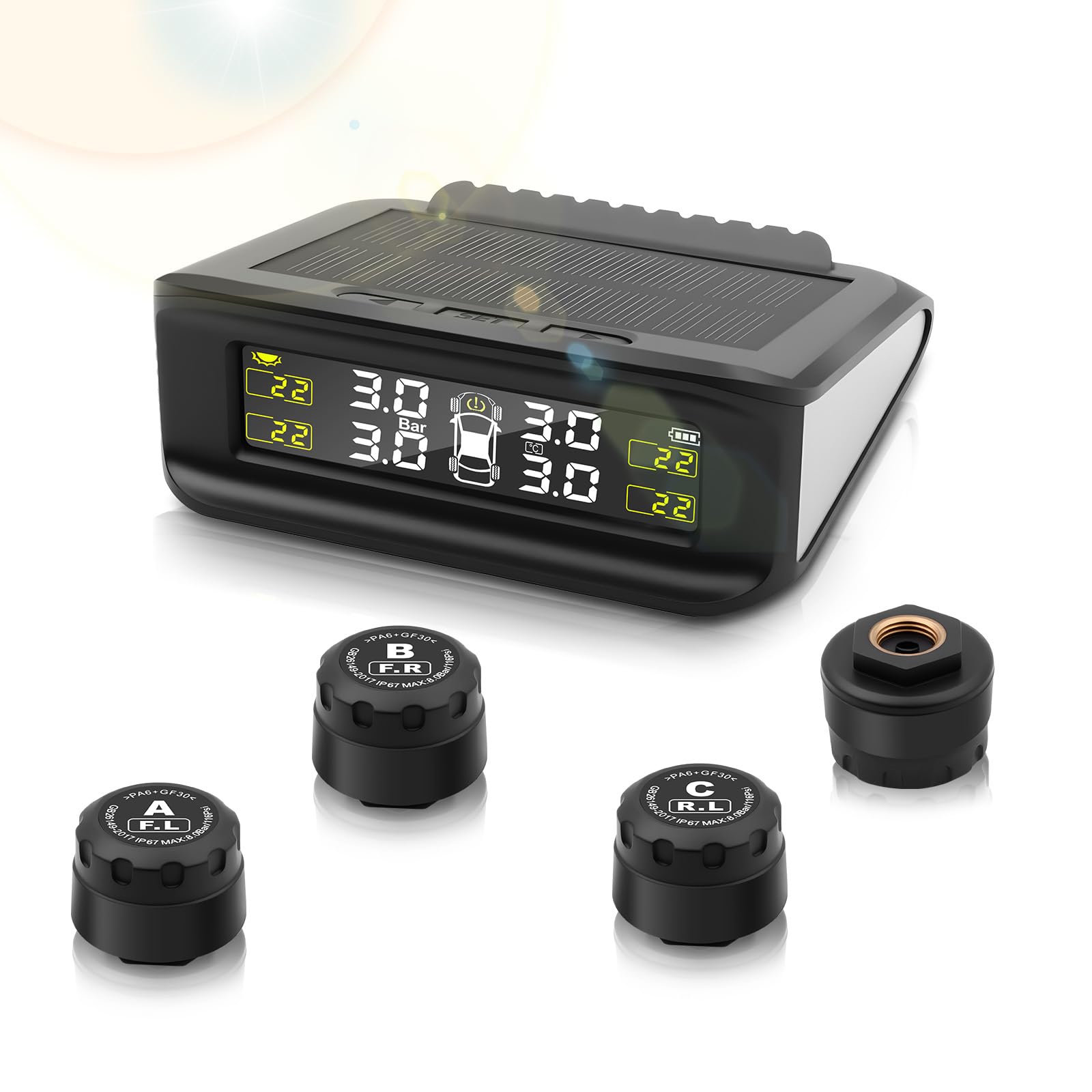 TPMS Sistema de Monitoreo de Presión de Neumáticos, Carga Solar/USB, 5 Funciones de Alarma, 4 Sensores Externos, 0-87 PSI/0-6.0 Bar,Compatible Berlina/SUV/MPV