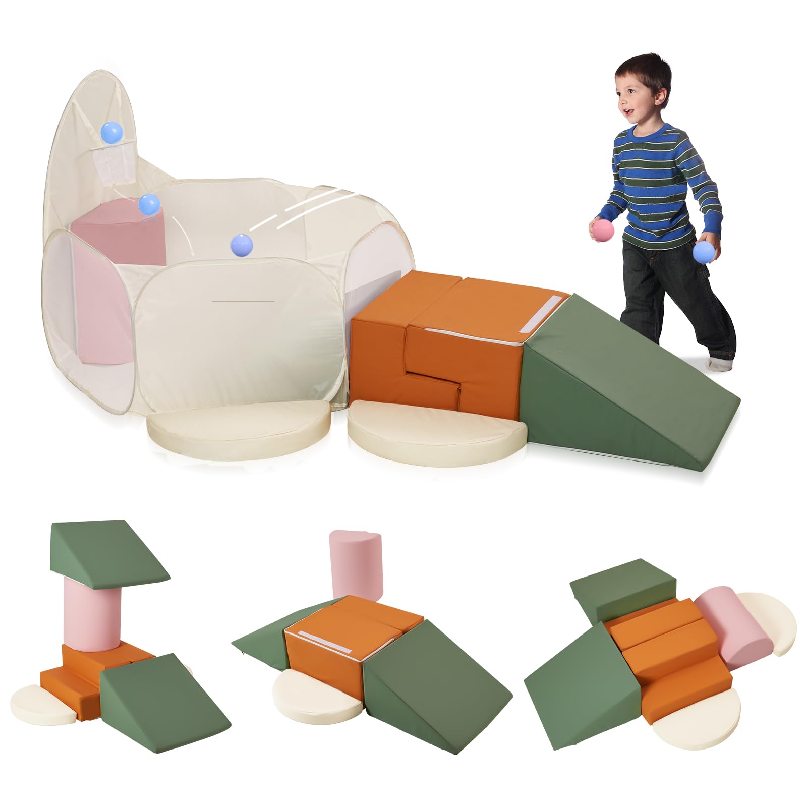 7 Pieces PU Leather Foam Climbing Blocks with Large Ball Pit,Soft Play Set for Toddlers,Kids Indoor Climbers & Play Structures with Pop Up Foldable Ball Pit,Colorful?Balls Not Included