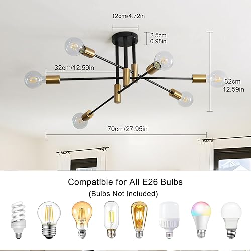 Miniatura 3 de Moderna lámpara Sputnik, lámpara de techo empotrada negra mate de 6 luces, lámpara moderna de mediados de siglo para dormitorio, comedor, sala de