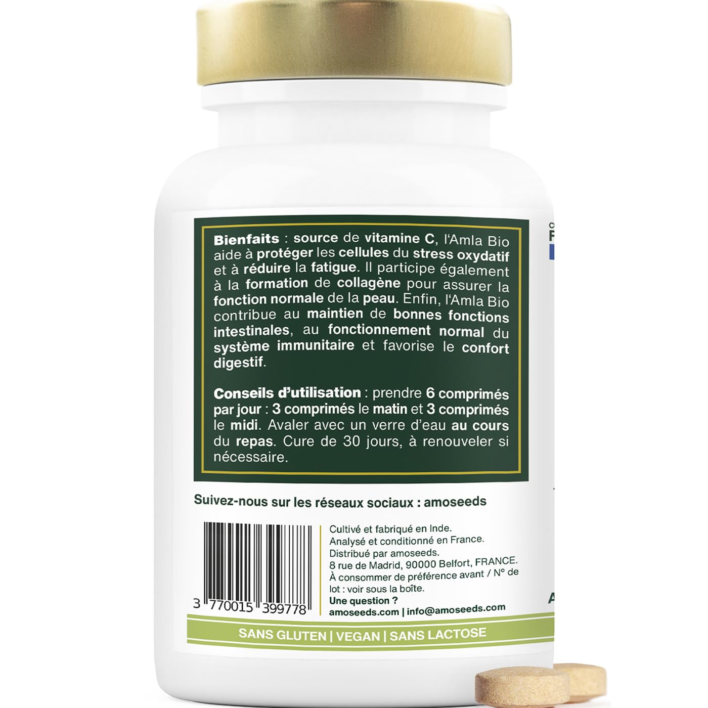 Amla BIO 180 comprimés de 500mg | Peau, Cheveux, Digestion | Amalaki, Groseille Indienne | Qualité Supérieure