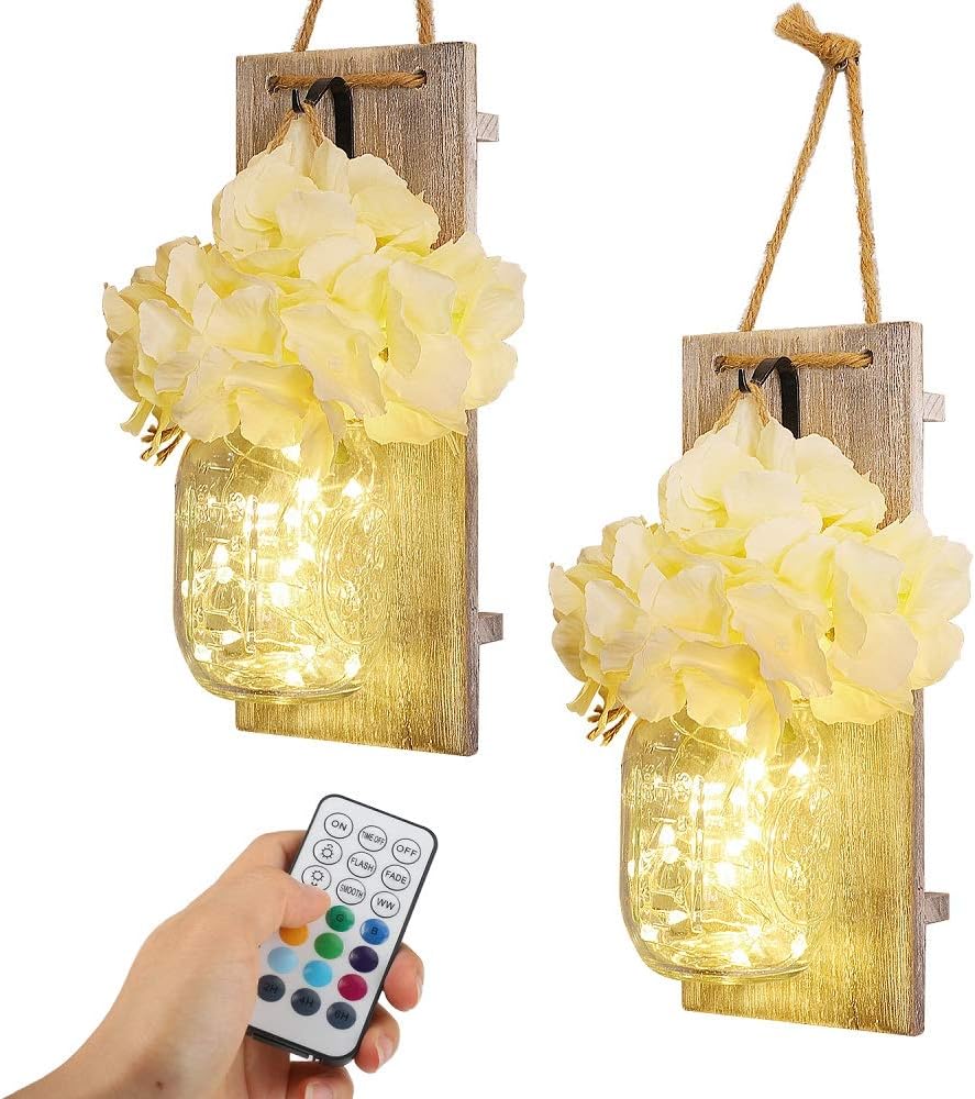 Mason Jar Sconces USB & Battery Operated LED String Lights with Remote Control ,Iron Hooks & Hydrangea Artificial Flowers Wall Lights Indoor for Bathroom,Hanging Decorations (10 Colours Set of 2 )