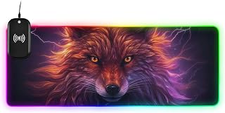 Wireless Charging Gaming Mouse Pad, RGB LED Extended Mouse Mat Personalized Pattern (Cool Fox Face) with 14 Light Effects for Desk