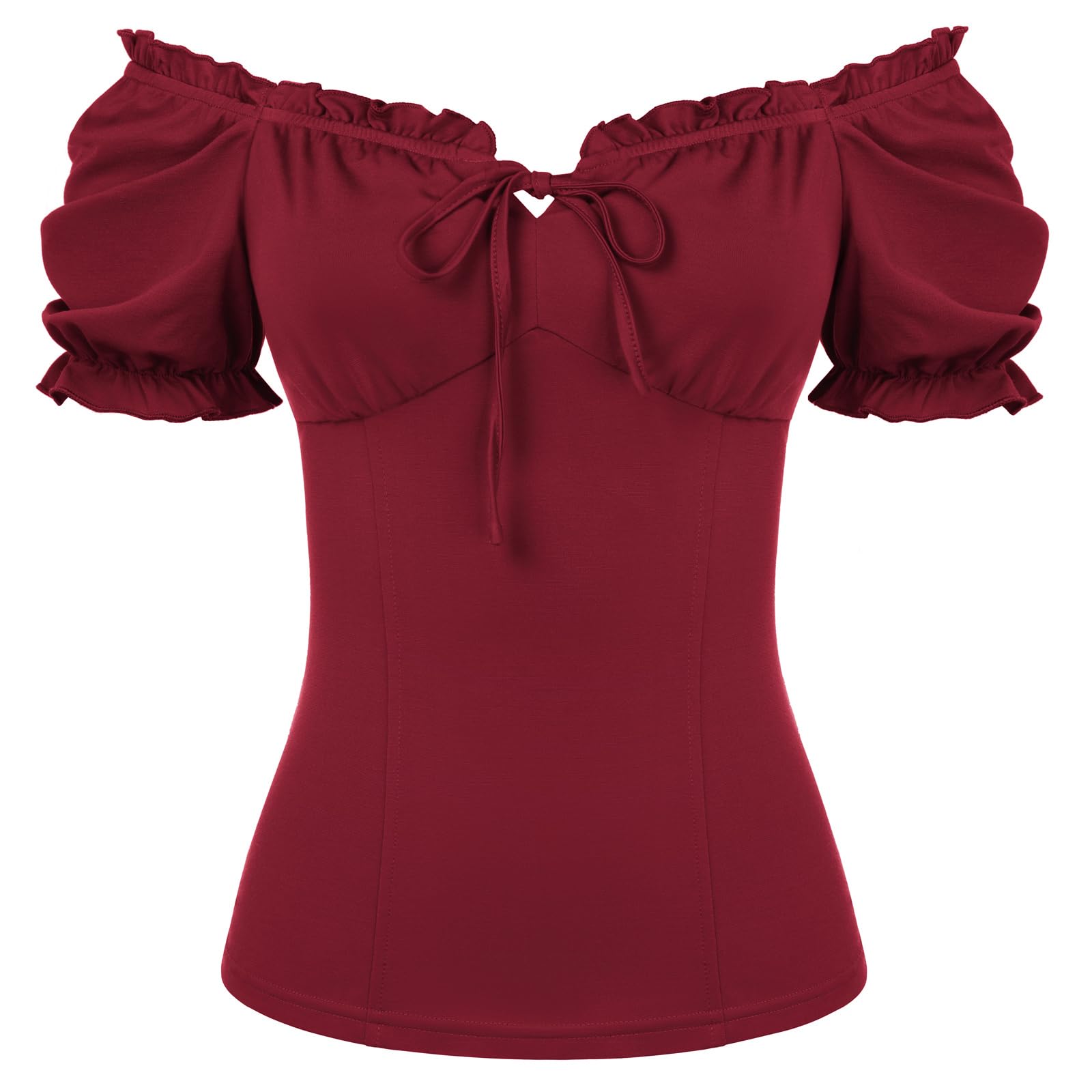 SCARLET DARKNESS Women's Renaissance Puff Sleeves Blouse Medieval Square Neck Retro Ruffles Top Wine Red S