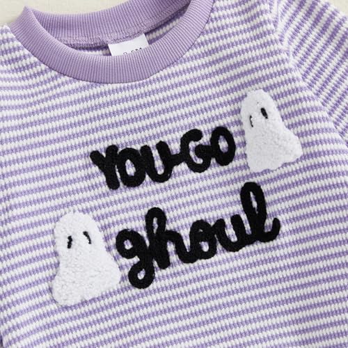 Kupretty Toddler Baby Girl Fall Clothes Halloween Outfit Cute Ghost Embroidery Striped Waffle Knit Sweatshirts + Pants Set4