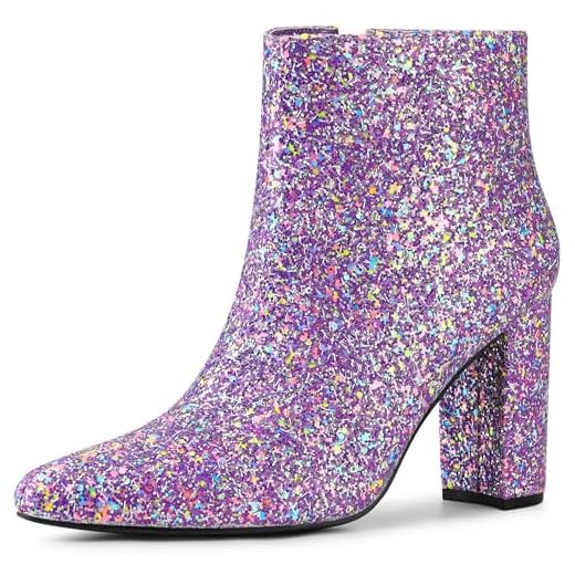 Allegra K Women's Glitter Pointed Toe Chunky Heel Purple Ankle Boots 7 M US