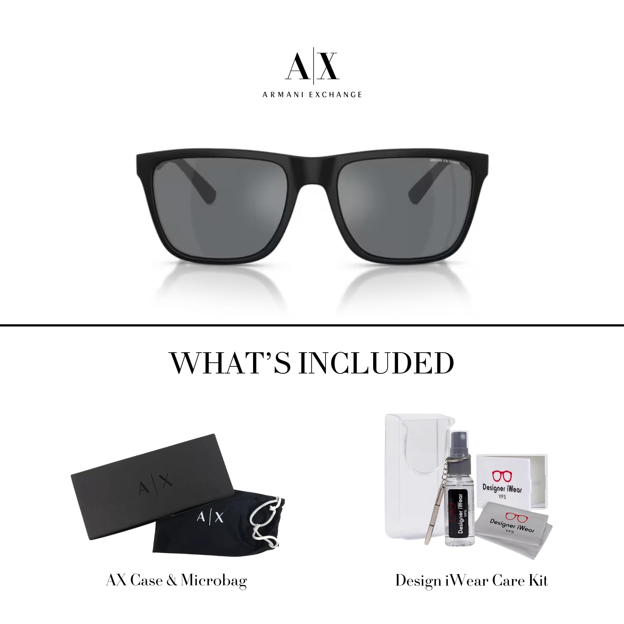 AX4080S - Gafas de sol cuadradas para hombre + paquete con kit de cuidado de gafas de diseñador iWear, Negro mate/gris claro espejo negro 6