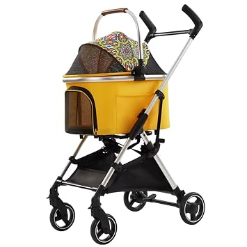 Pet Stroller 4 Wheels Folding Flexible Easy to Carry for Jogger Jogging Walking Travel Up to 33 Pounds,Dog Strollers for Small Dogs with Sun Holder Mesh WindowLemon Yellow
