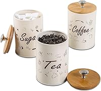 Vista 2 de NIKKY HOME Juego de 3 recipientes de metal con tapas de bambú para café, azúcar, té, cocina, contenedor de decoración de granja, tarro grande