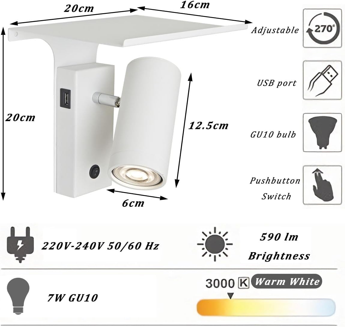 Lampa ścienna LED z włącznikiem i wtyczką, wewnętrzna metalowa lampa ścienna obracana o 270° z portem USB do ładowania i półką, regulowana lampa ścienna do czytania do salonu, sypialni, biura,White