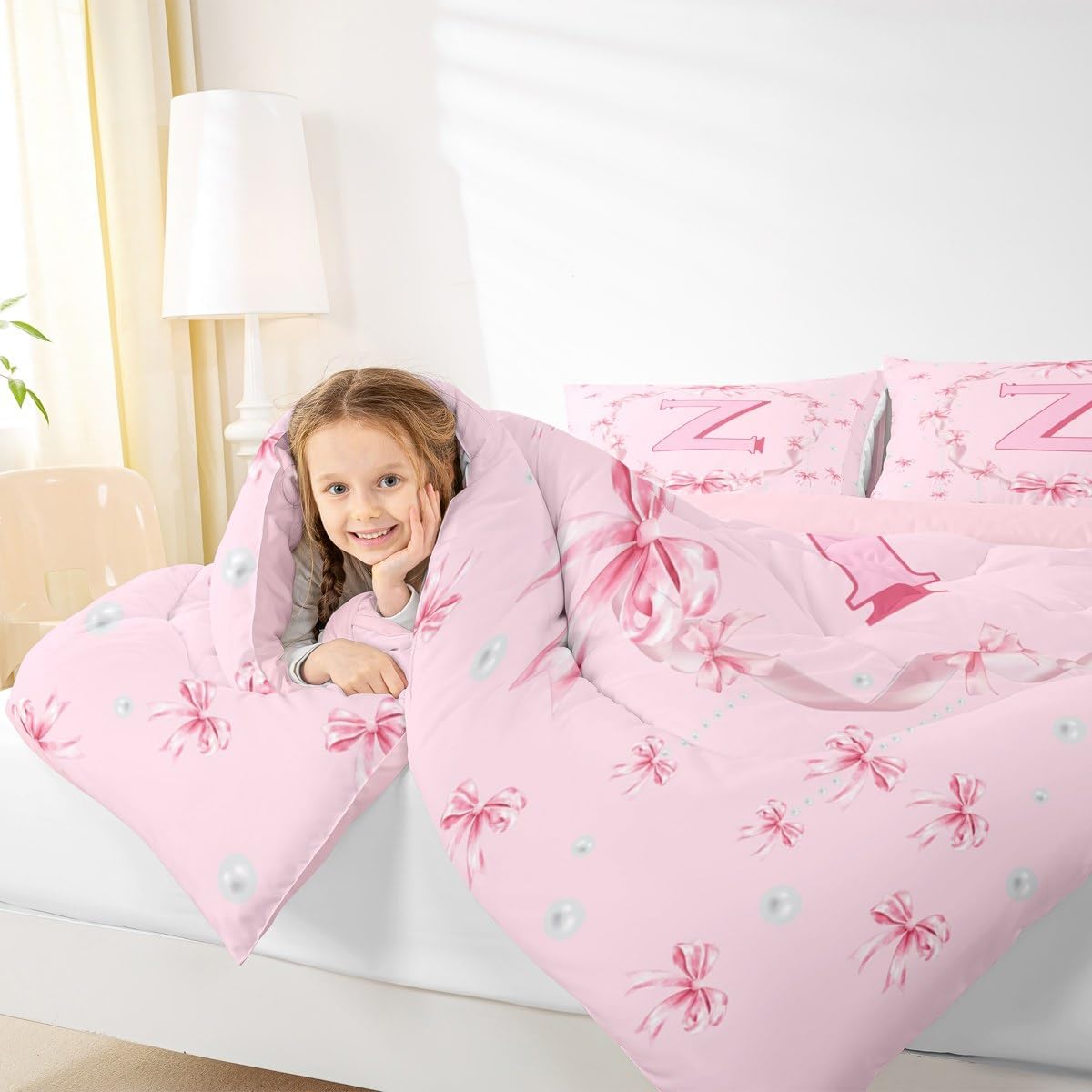 Erosebridal Pink Princess Style Bedding Comforter Sets Initial Letter Z Comforter Set Twin Size for Kids Girls Teen Women,Cute Kawaii Pearl Bwoknot Bedding Set Romantic Chic Letter Bow Quilt Duvet