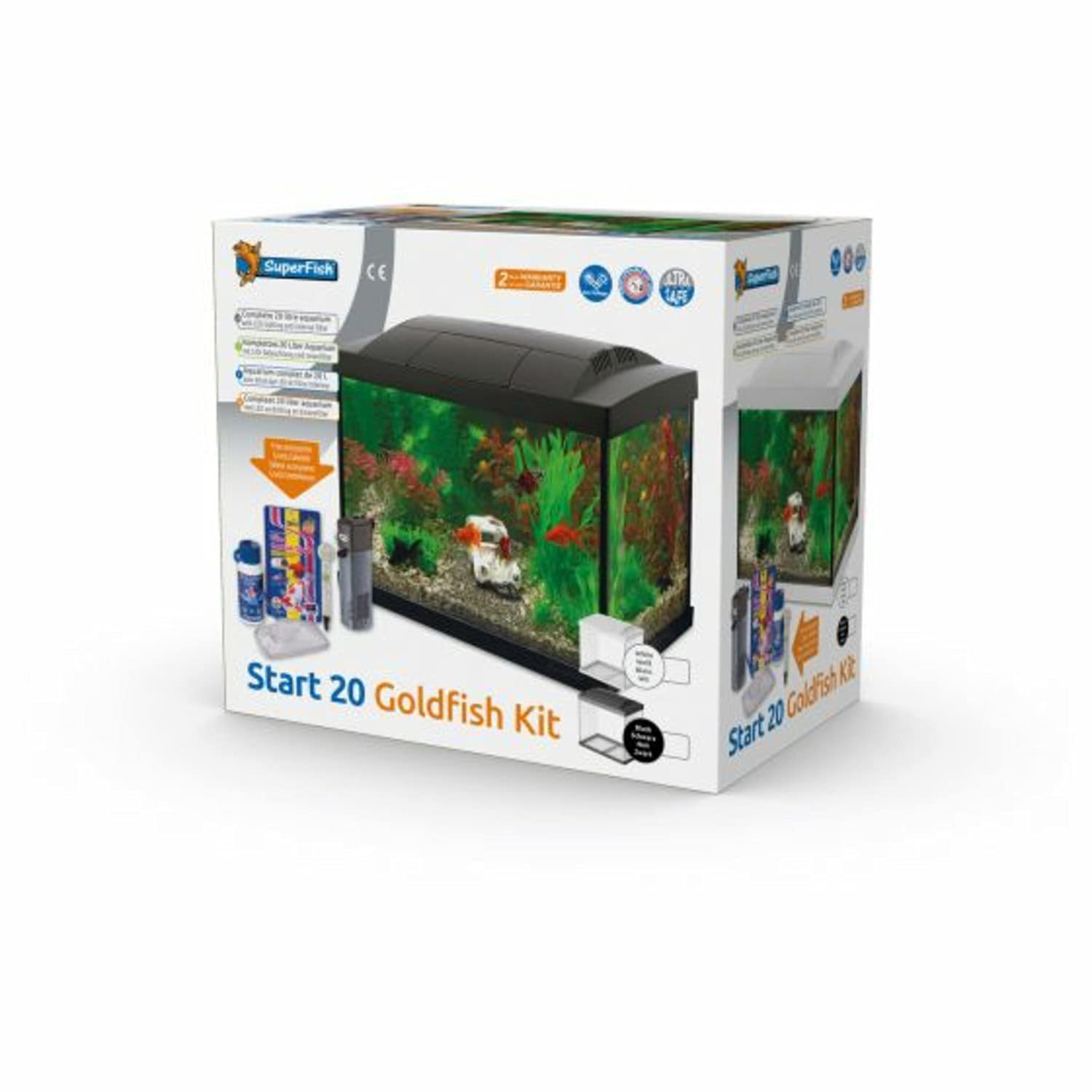 SF Goldfisch Start Set 20 schwarz inkl. LED Lampe, Innenfilter, Wasseraufbereiter, Futter, Thermometer und Kescher