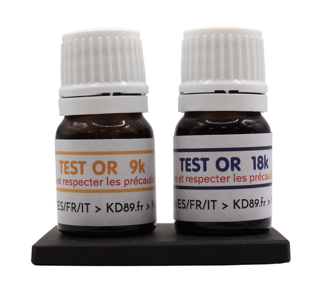 KD89 9 and 18 carat gold test reagent/solution assortment with natural touchstone and multi-language instructions (English language not guaranteed) - Expertise for jewellery, coins, ingots - Spatula