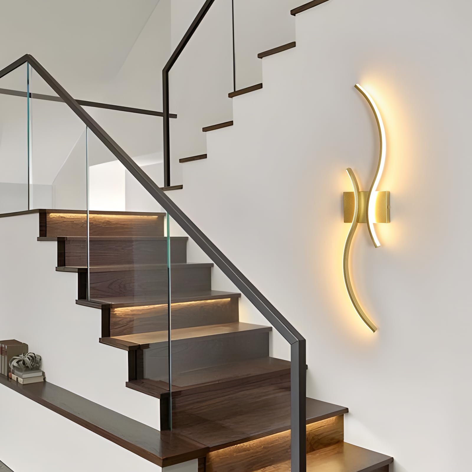 Goeco Applique LED da Parete Interni, 32W 80 CM Luci da Parete Dimmerabile Lunga con Telecomando 3000K-6500K con 2 Luminosi Ondulati per Soggiorno, Camera da Letto, Dorato