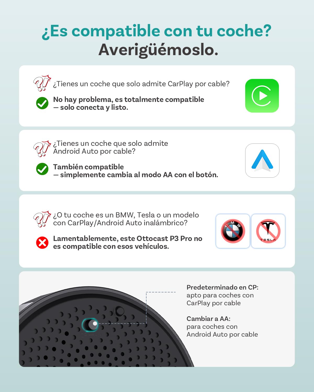 (2026 Nuevo) OTTOCAST P3 Pro CarPlay AI Box, 3-en-1 Inalámbrico Adaptador CarPlay & Android Auto con Salida HDMI, 8GB+128GB, Descargar Cualquier App, Pantalla Dividida para Coches con CP/AA con Cable