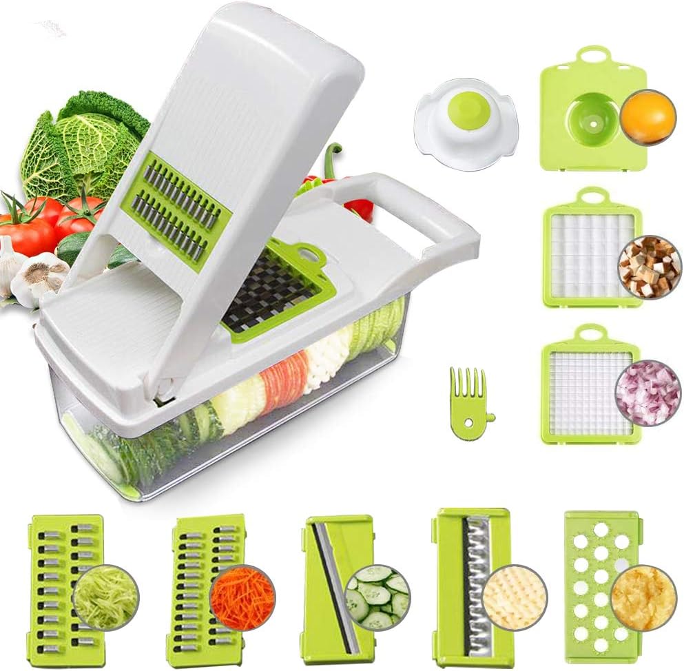 Food Chopper Vegetable-Fruit-Cheese-Onion Chopper Slicer Dicer Tomato Grater 12 in 1 Veggie Chopper Spiralizer Salad Potato Slicer with Container Multi-function Kitchen Aid Carrot Cutter (White)