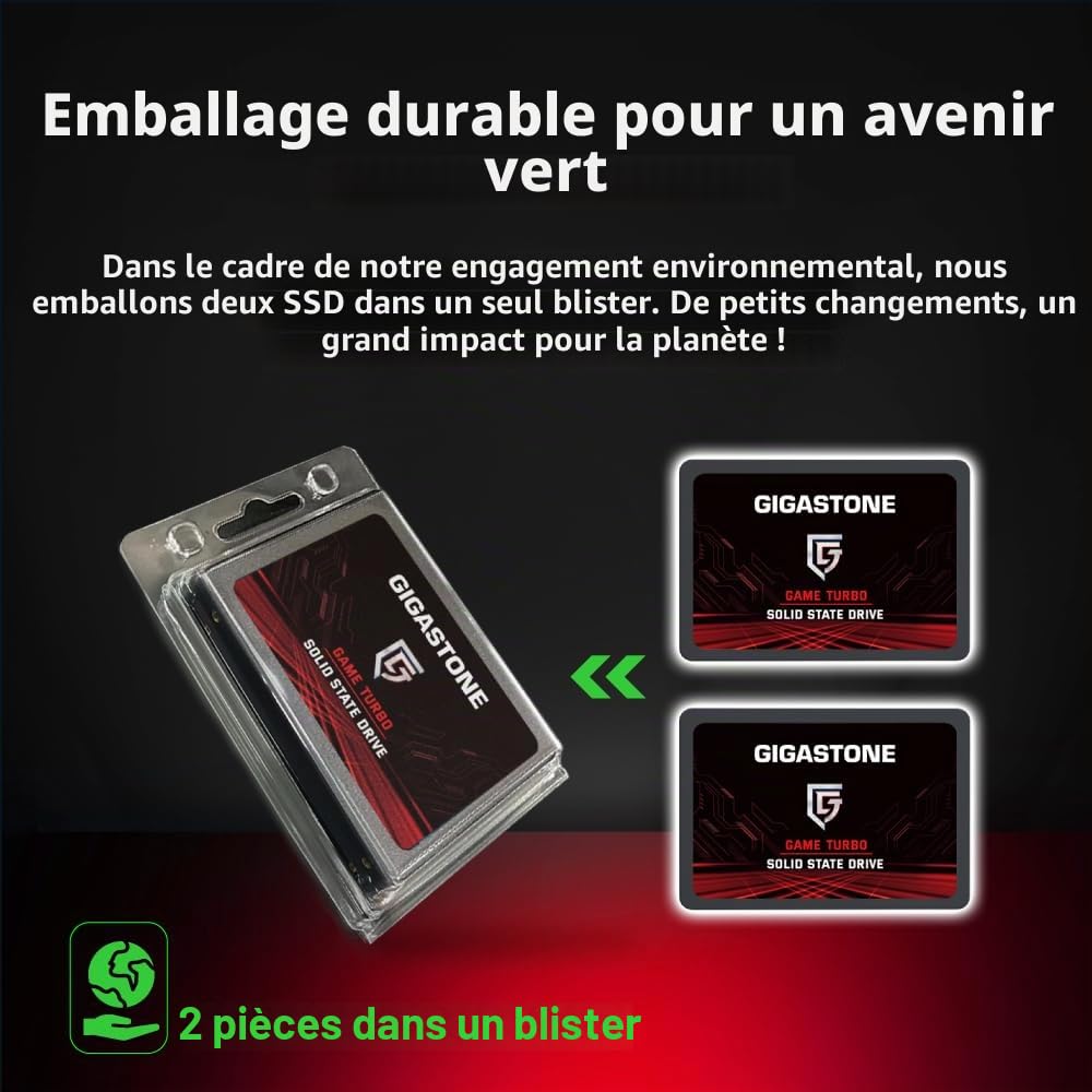 Gigastone SATA SSD internes 512Go (Lot de 2) 2.5" SATA III Interface 3D NAND Disque Dur SSD Disque de Jeu Compatible avec Ordinateurs Portables et Ordinateurs de Bureau 2.5 Pouces 550Mo/s SLC Cache