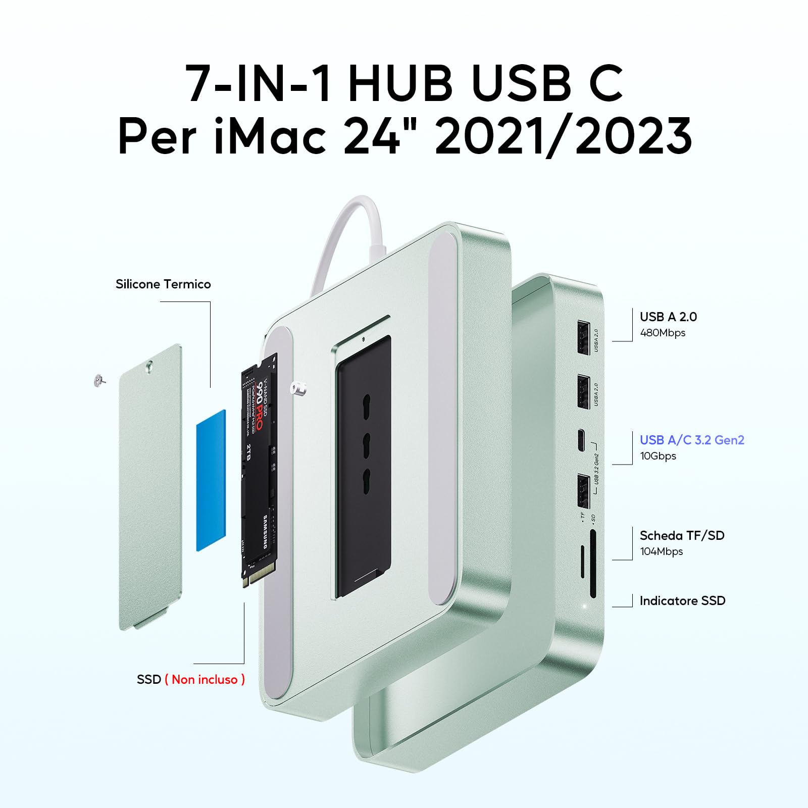 Hub USB-C per iMac 24 M1/M3/M4 con box esterno per SSD NVMe M.2 da 4TB | PULWTOP iMac Hub con USB A/C 10 Gbps, SD/TF, USB 2.0, accessori iMac con alloggiamento SSD M.2 (SSD non incluso), verde