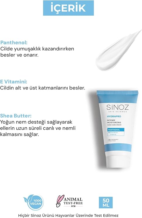 Sinoz Hydrapro Vitamin E Panthenol İçeren Yoğun Nemlendirici El Bakım Kremi 50 ml
